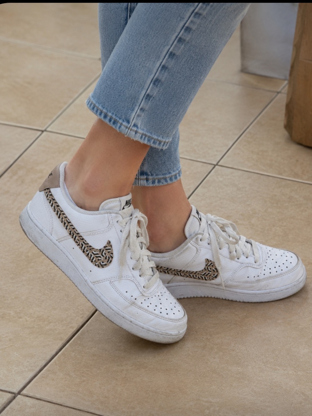 Nike White Leather Sneakers with Woven Tan Accent